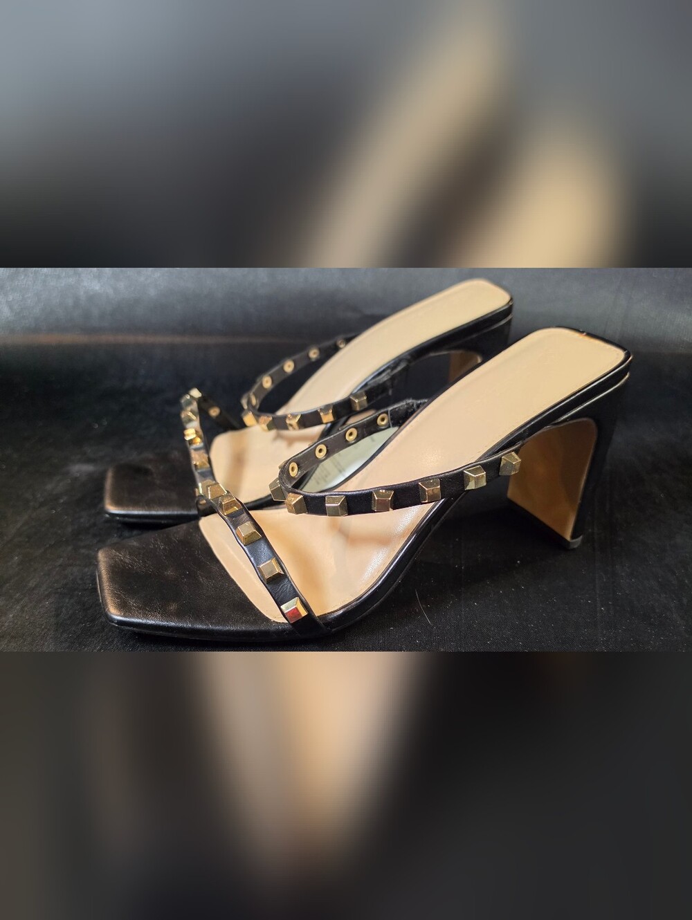 The Drop Avery Black Studded Mule Heels Womens Size 9 Square Toe Sandals NWOB
